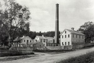 A view of the Haywardville Rubber Works in 1890 as shown from Pond Street.